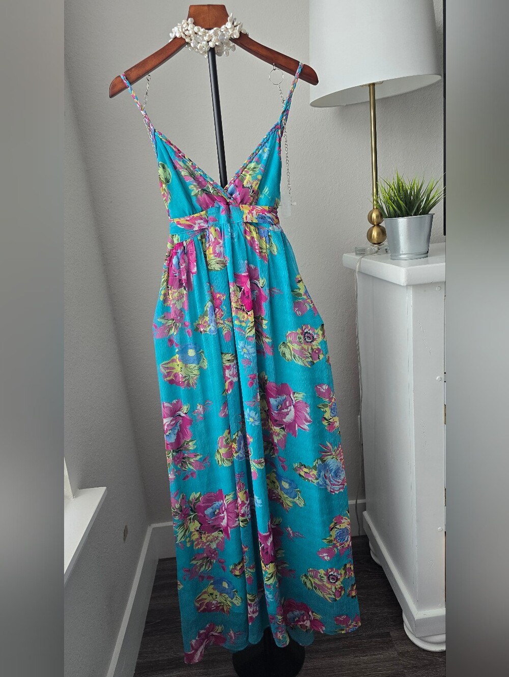 TSEGA S/M Turquoise Pink Floral Maxi Dress Boho Beach Vacation Braided Straps